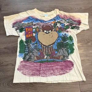 VINTAGE 1994 LOONEY TUNES All Over Print Take A Hike Thrashed Taz Tee XL🌲🥾